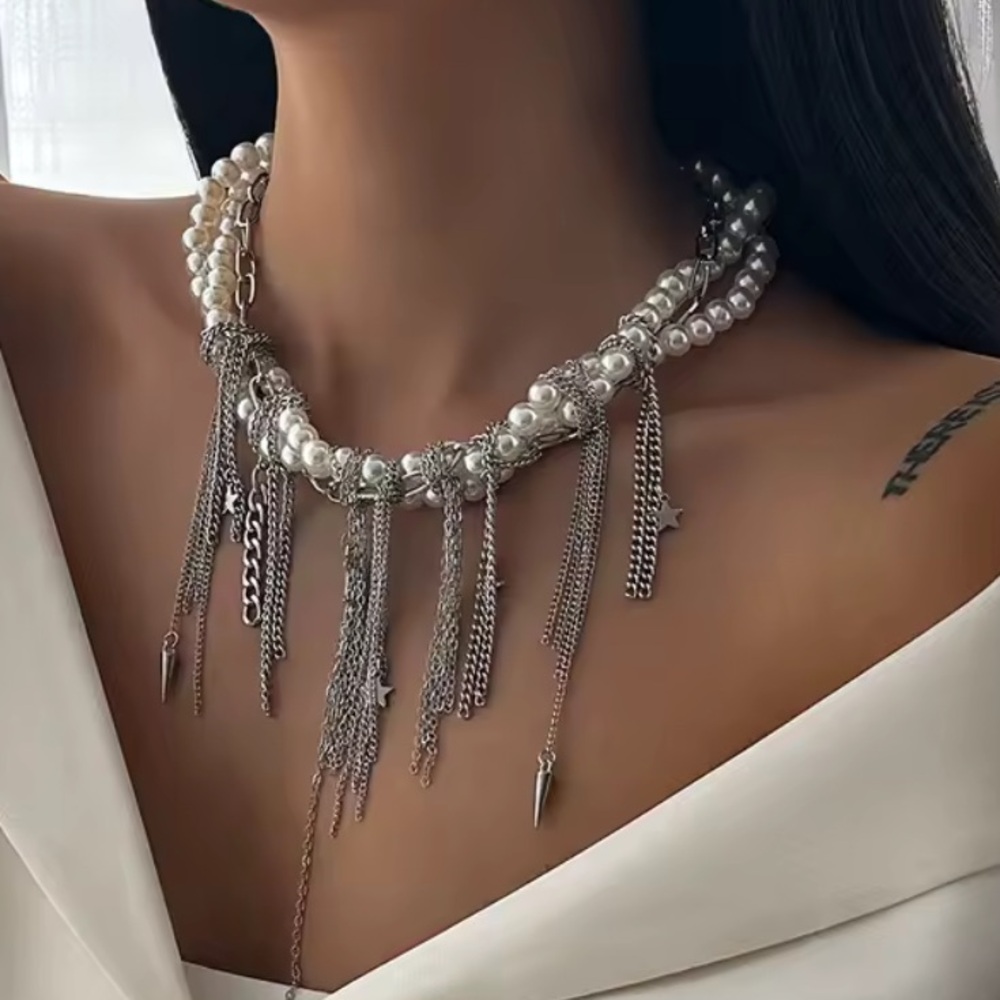 Pearl Silver Chain Statement Necklacelayered Chun… - image 1